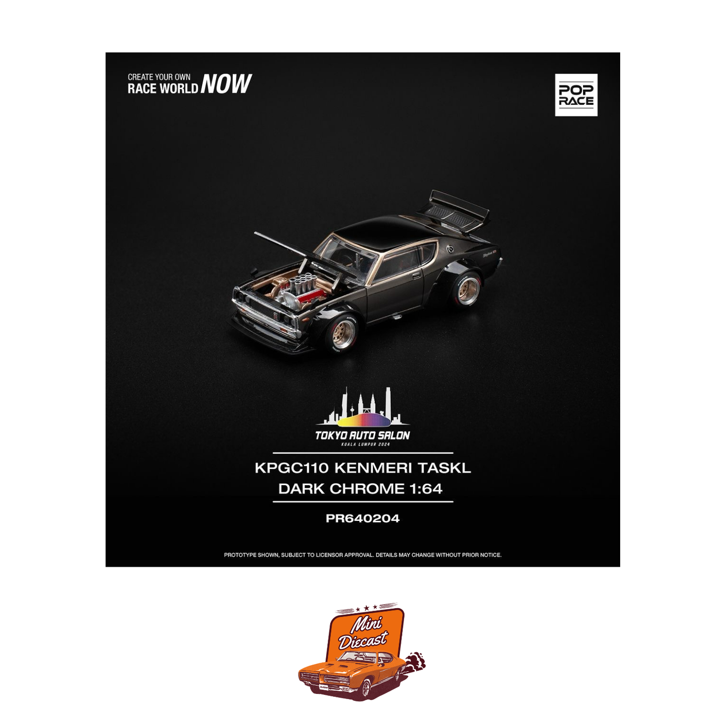 Pop Race Tokyo Auto Salon Kuala Lumpur 2024 Skyline KPGC110 (Kenmeri) Dark Chrome Taskl (PR64-0204)