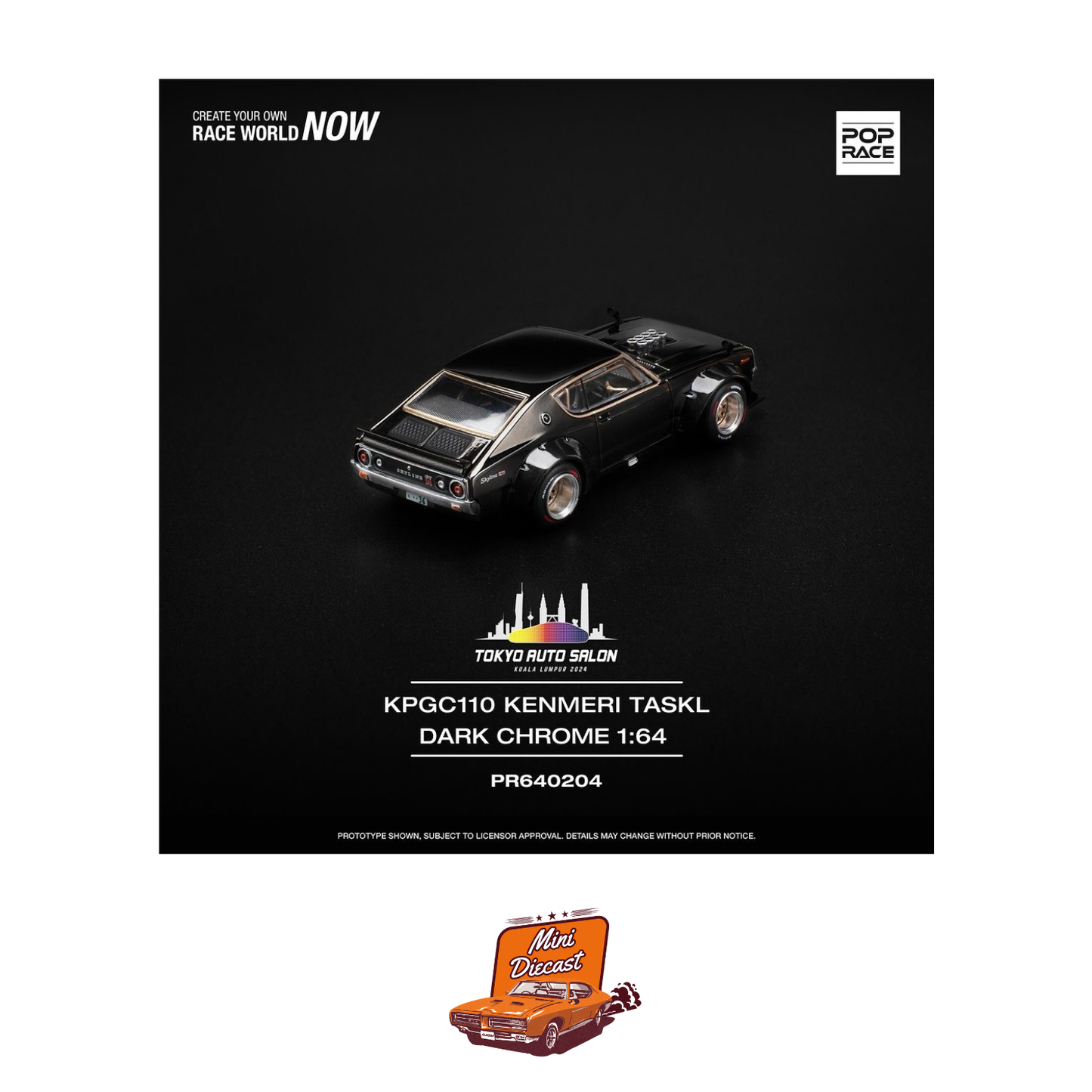 Pop Race Tokyo Auto Salon Kuala Lumpur 2024 Skyline KPGC110 (Kenmeri) Dark Chrome Taskl (PR64-0204)