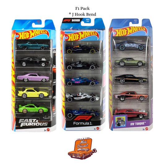 Hot Wheels 5 Pack (3x) – Fast & Furious / Formula 1 (F1) 2025 (J Hook Bend) / HW Torque