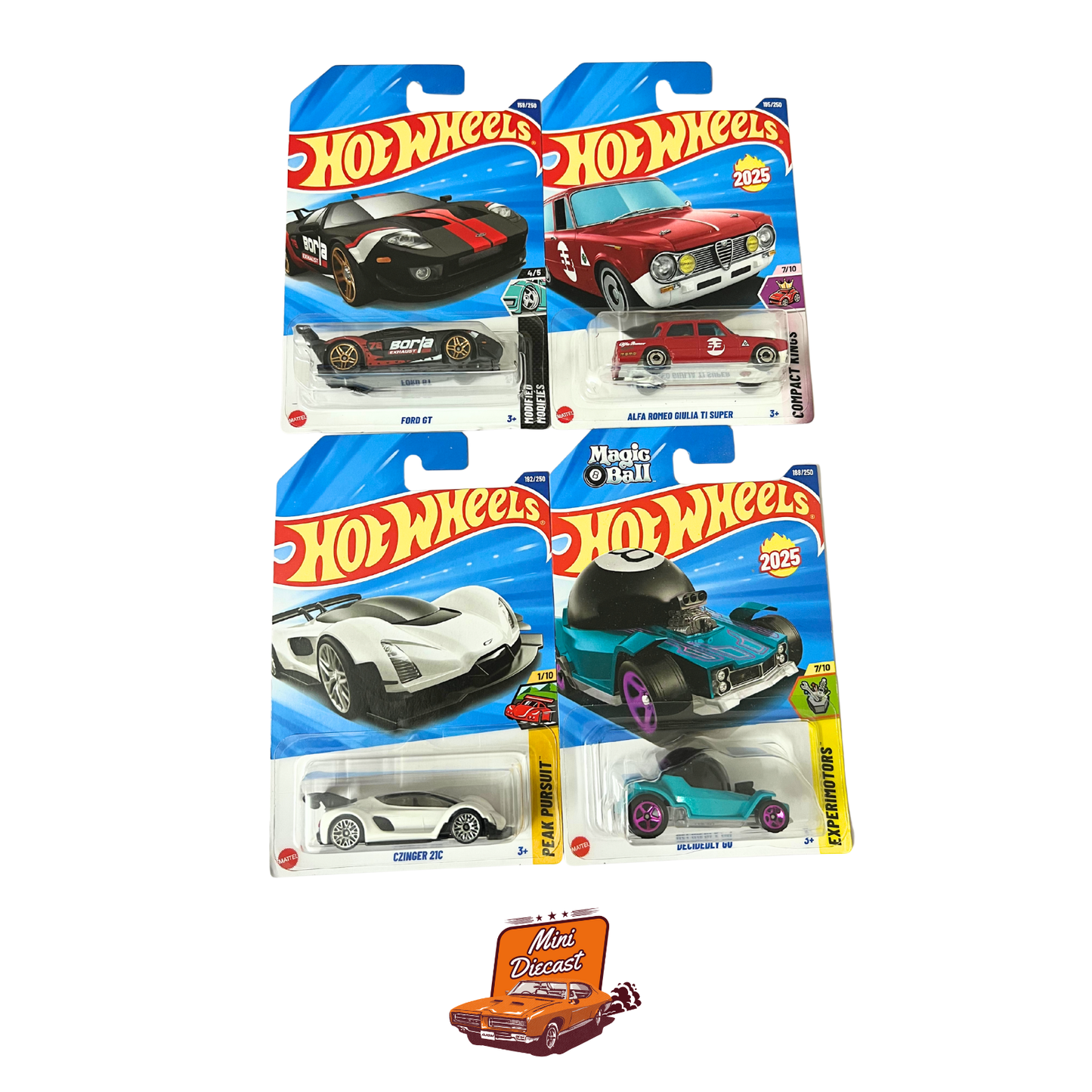 Hot Wheels Mainline (Set of 4) – Ford GT / Alfa Romeo Giulia TI Super / Czinger 21C / Decidedly Go