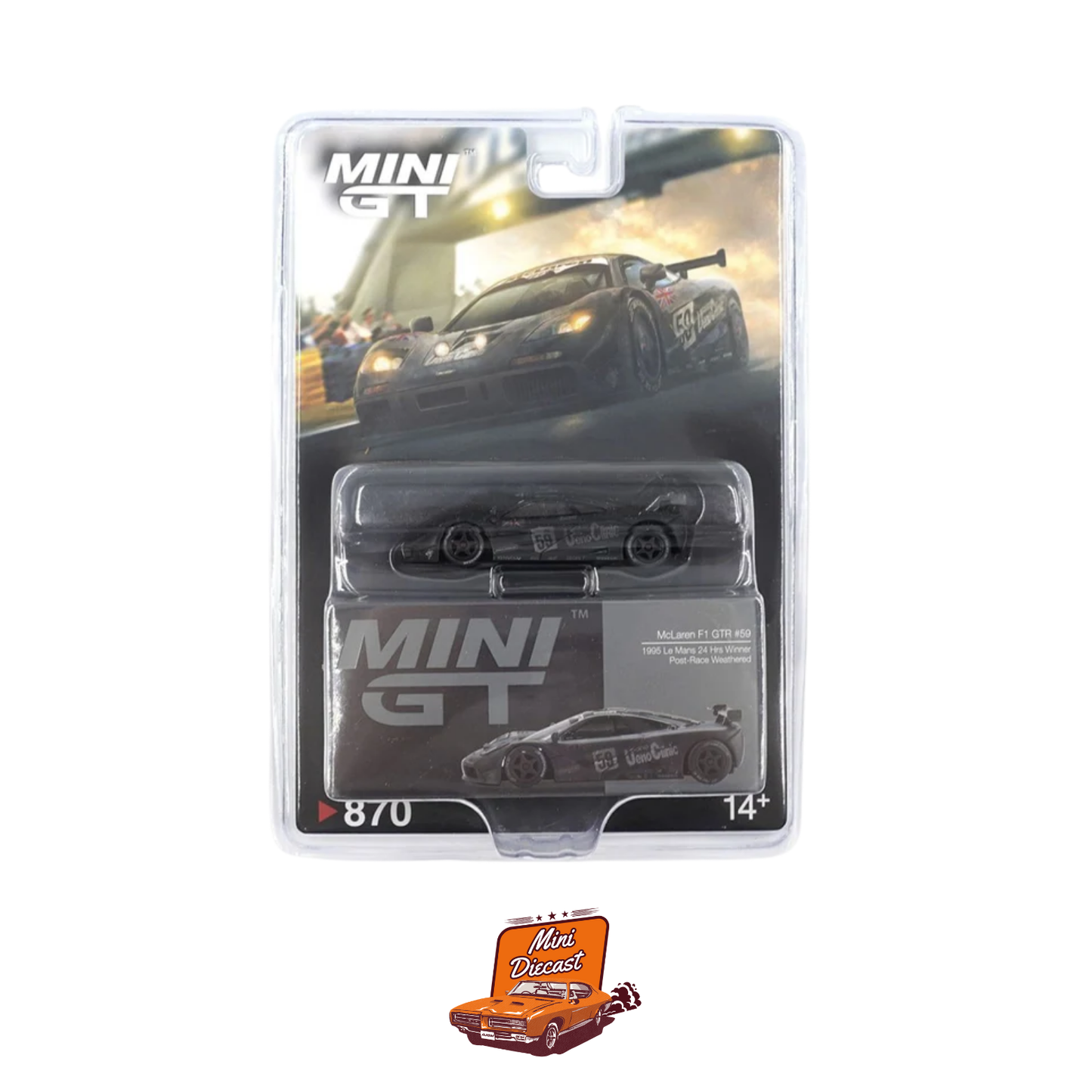 Mini GT #870 McLaren F1 GTR #59 – 1995 Le Mans 24 Hour Winner Post-Race Weathered (Blister Pack)