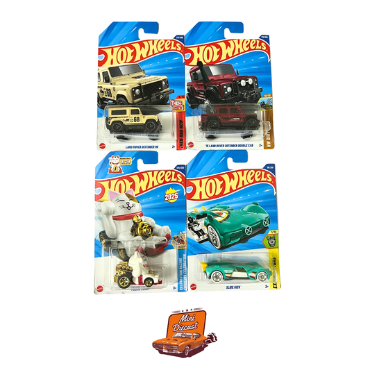 Hot Wheels Mainline (Set of 4) – Land Rover Defender 90 / ’15 Defender Double Cab / Feline Lucky / Slide Kick