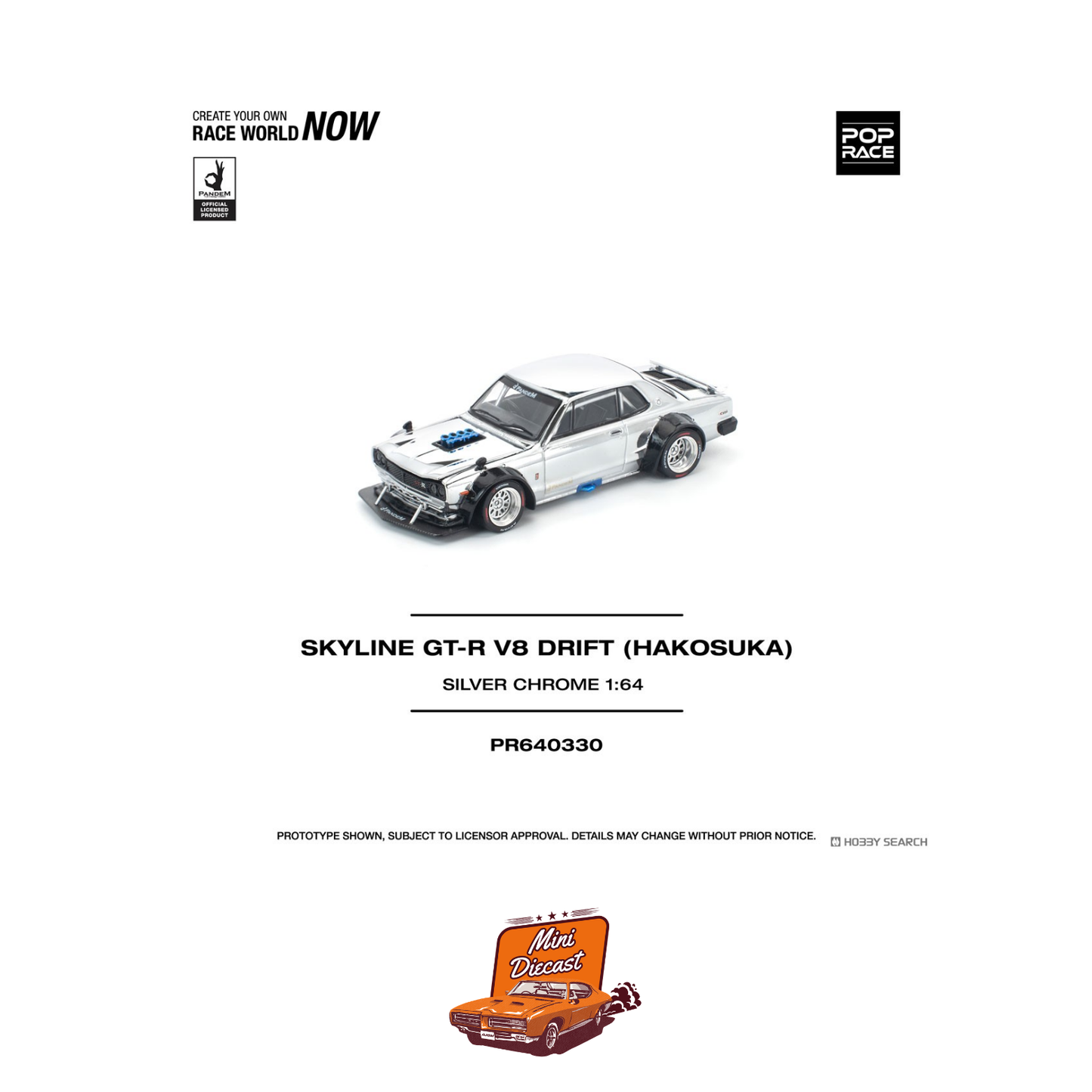 Pop Race Skyline GT-R V8 Drift (Hakosuka) Silver Chrome (PR64-330)