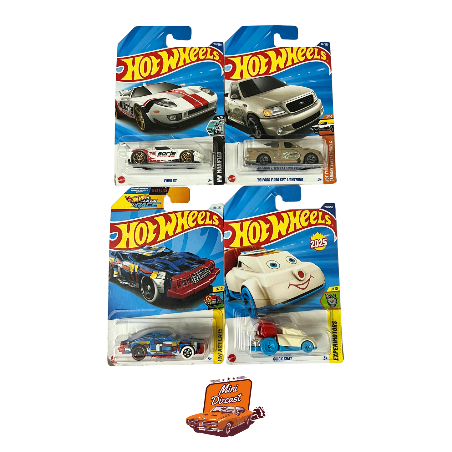 Hot Wheels Mainline (Set of 4) – Ford GT / ’99 Ford F-150 SVT Lightning / Speed Bump / Quick Chat