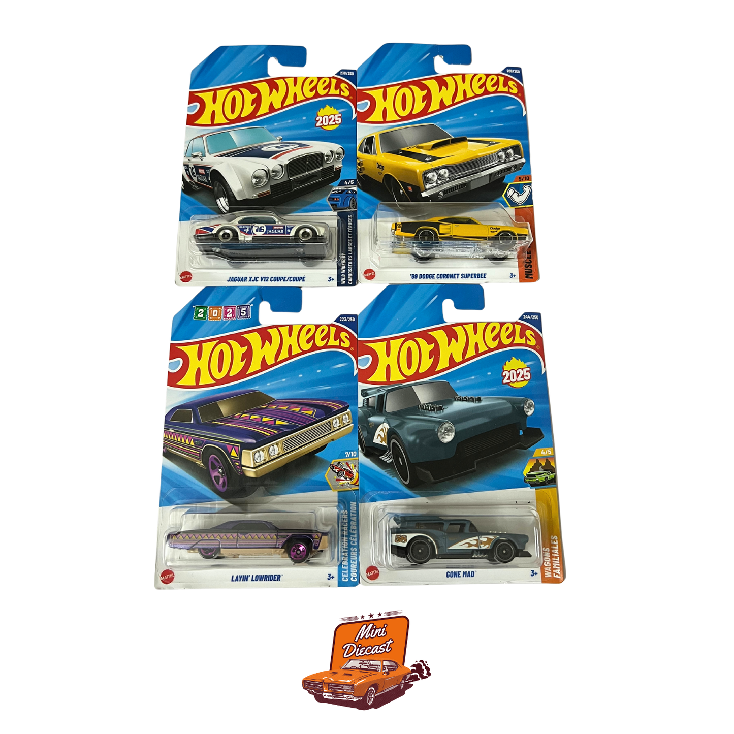 Hot Wheels Mainline (Set of 4) – Jaguar XJC V12 Coupe / ’69 Dodge Coronet Super Bee / Layin Lowrider / Gone Mad