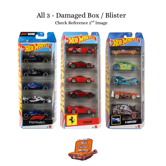 Hot Wheels 5 Pack (3x) – Formula 1 (F1) 2025 / Ferrari / X-Raycers (Damaged Box / Blister - All 3)