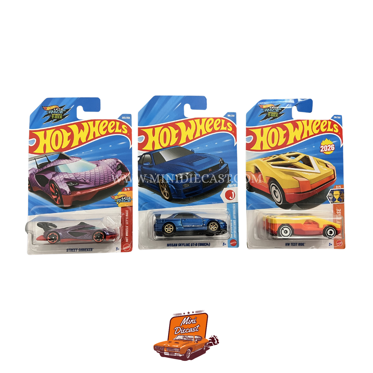 Hot Wheels Mainline (Set of 3) – Street Shrieker / Nissan Skyline GT-R (BNR34) / HW Test Ride