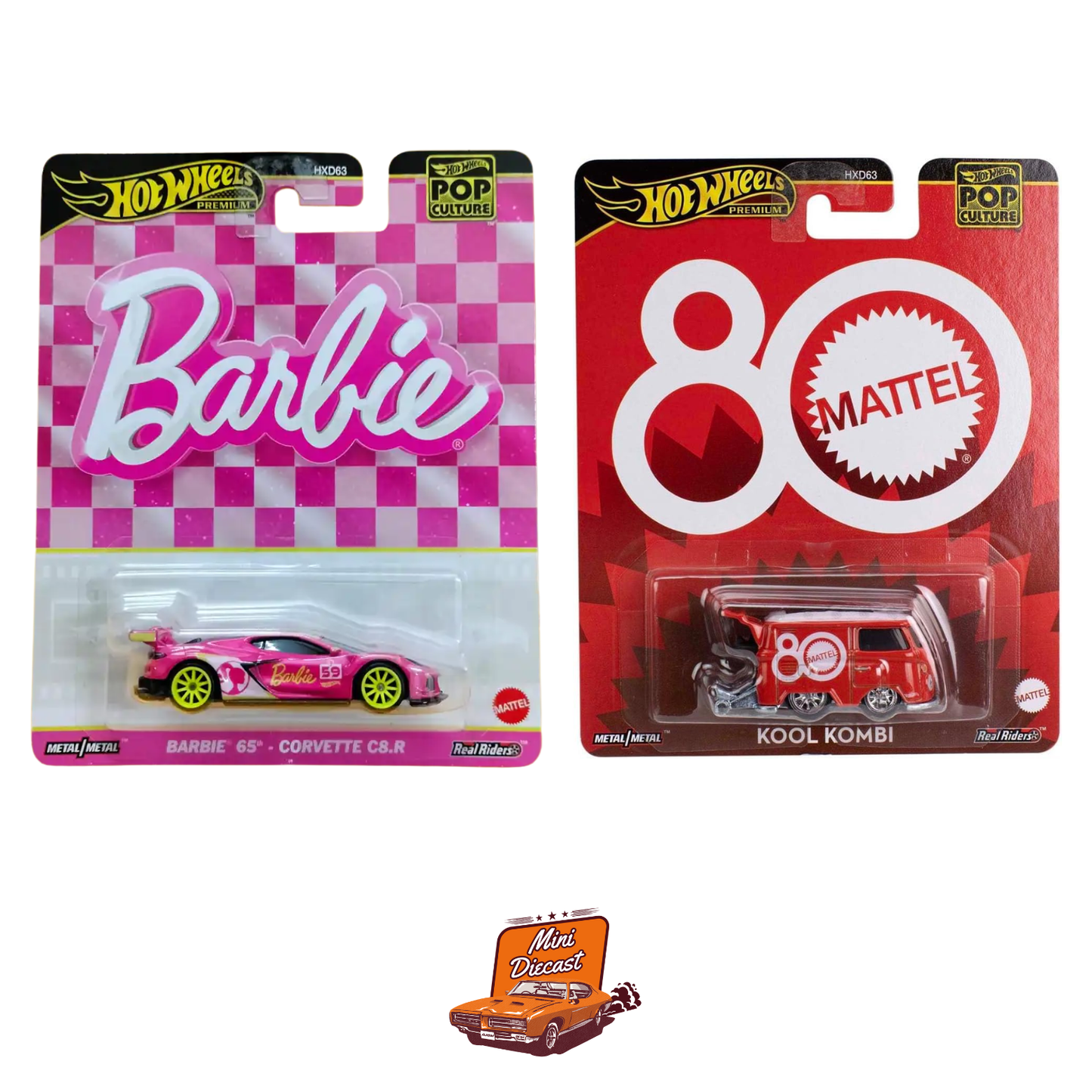 Hot Wheels Premium (Set of 2) – Pop Culture Barbie ’65 Corvette C8.R / ’80 Mattel Kool Kombi (with Protector Case x1)
