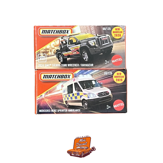 Matchbox (Set of 2) – 2024 GMC® Sierra 3500 Wrecker / Mercedes-Benz Sprinter Ambulance