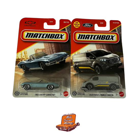 Matchbox Basic Cars (Set of 2) – 1963 Chevy Corvette / 2023 Ford E-Transit Custom