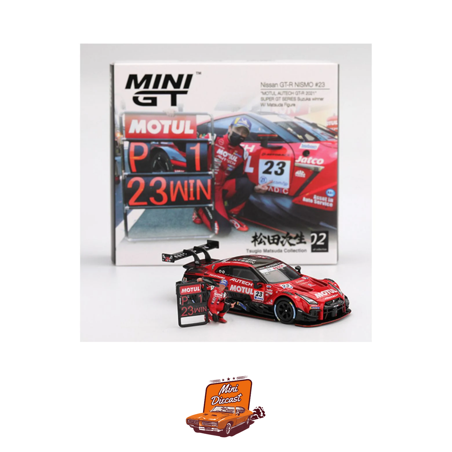 Mini GT #875 Nissan GT-R NISMO #23 "MOTUL AUTECH GT-R 2021" SUPER GT SERIES Suzuka winner W/ Matsuda Figure Tsugio Matsuda Collection No.2