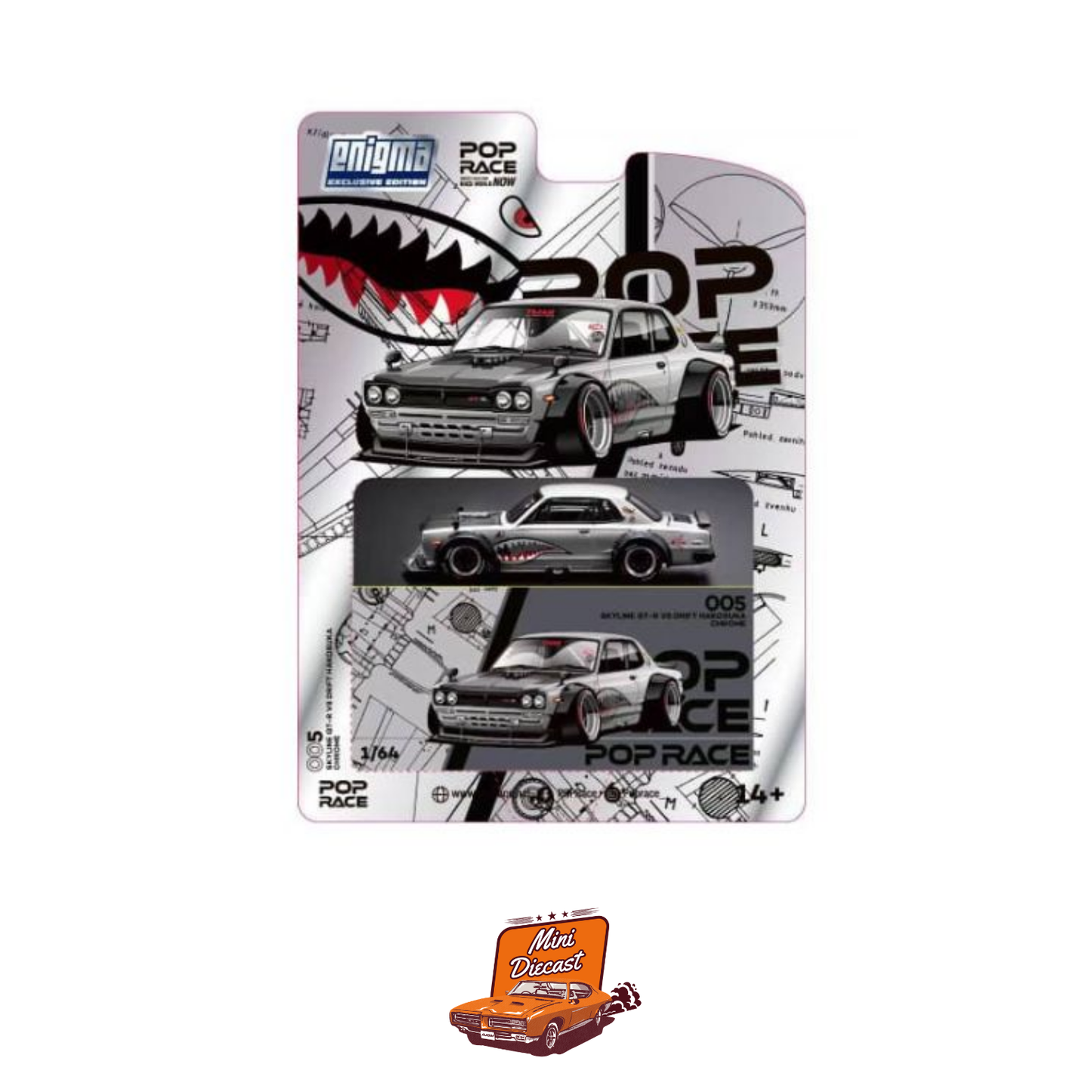 Pop Race #005 Skyline GT-R V8 Drift Hakosuka Chrome Shark Mouth Livery (Blister Pack)