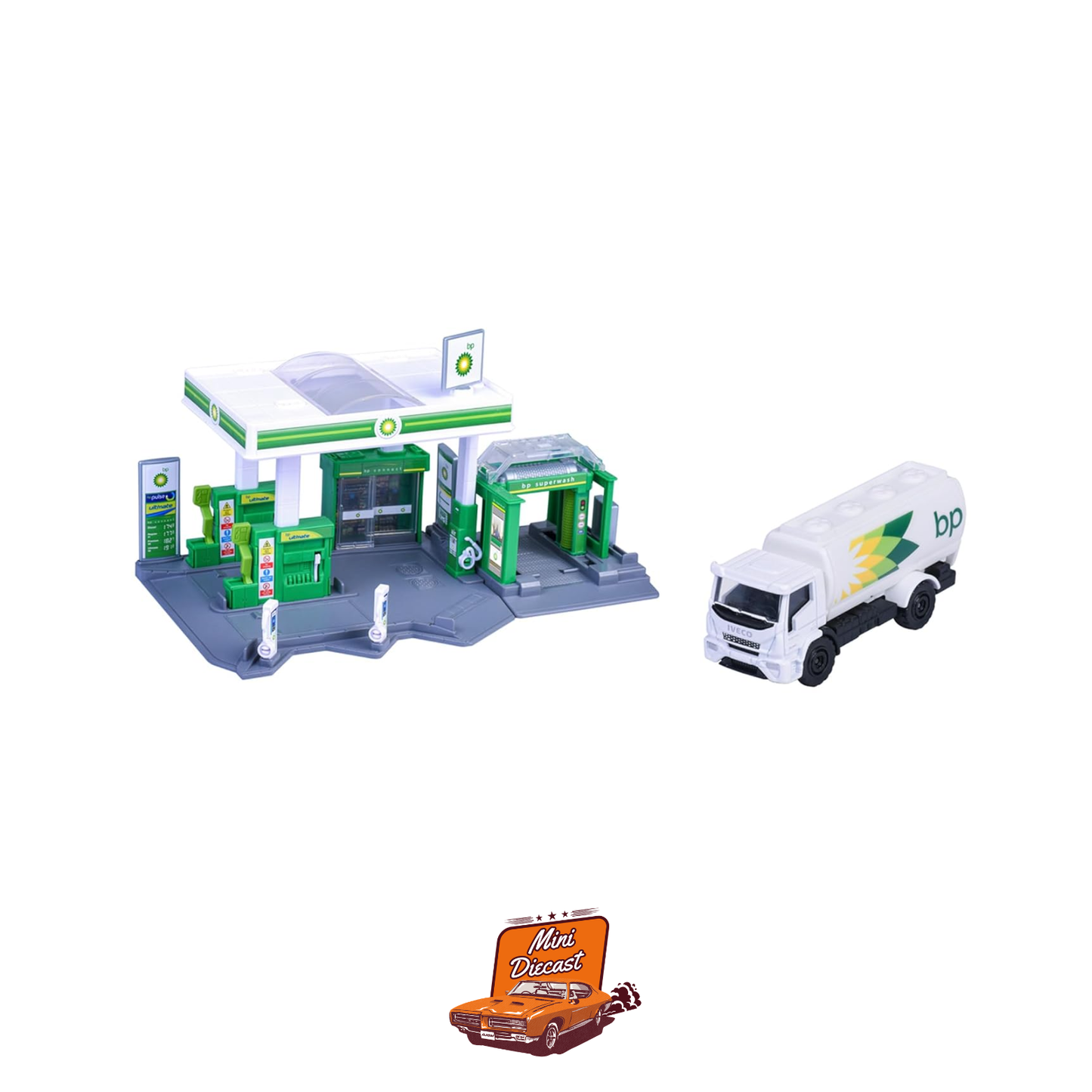 Majorette Petrol Station BP + Vehicle | Includes 1 Fuel Tanker | Car Wash, Shop & EV Charger | Suitable for 1:64 Scale Vehicles