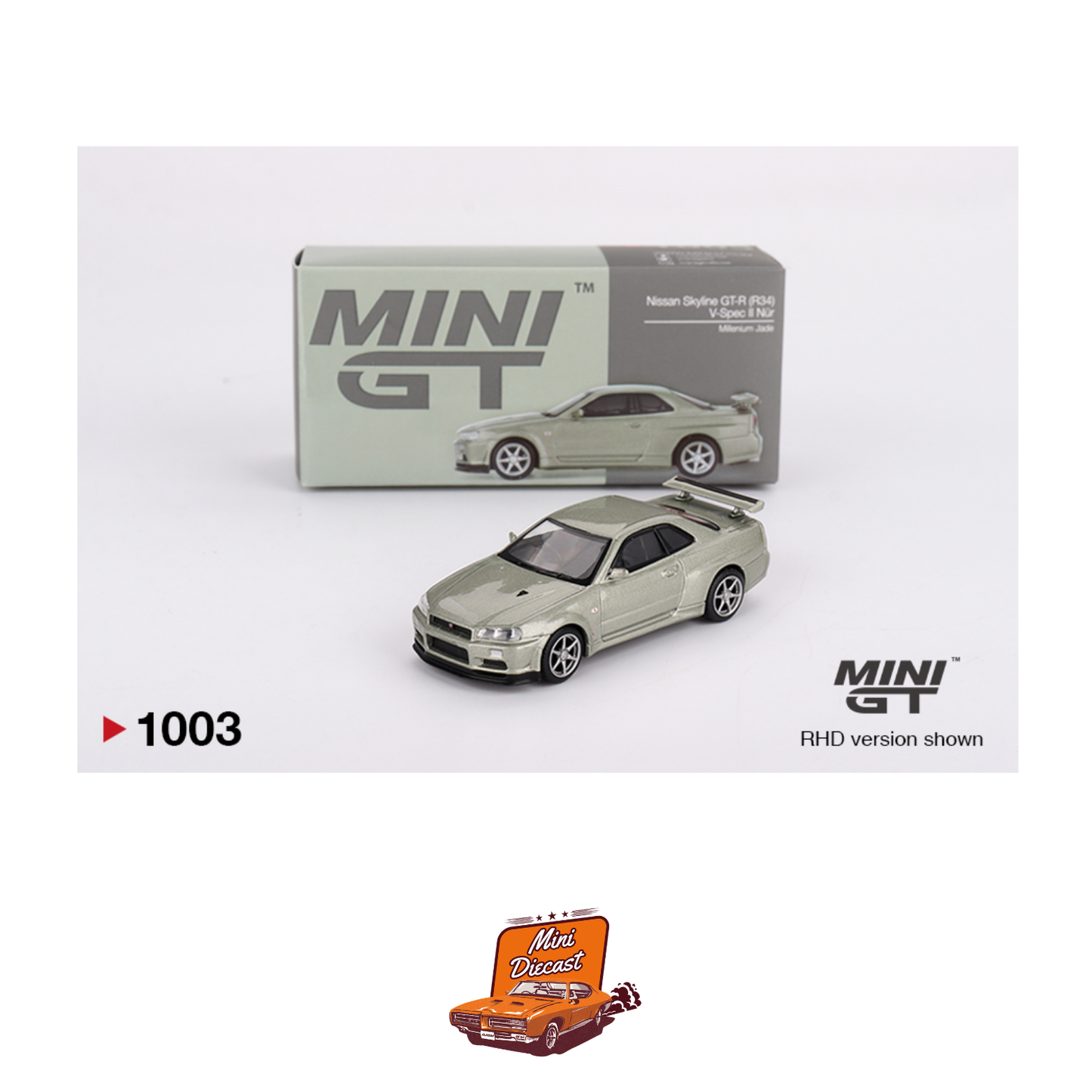Mini GT #1003 Nissan Skyline GT-R (R34) V-Spec II Nür Millennium Jade