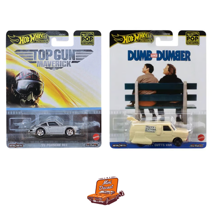 Hot Wheels Premium (Set of 2) – Pop Culture Top Gun Maverick ’71 Porsche 911 / Dumb and Dumber Mutt Cutts Van (with Protector Case x1)