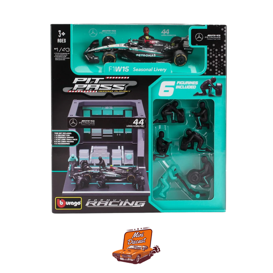Bburago Pit Pass F1 Diorama Mercedes-AMG Petronas 1:43 Scale – Lewis Hamilton #44 W15 Car with 6 Figures (Imported)