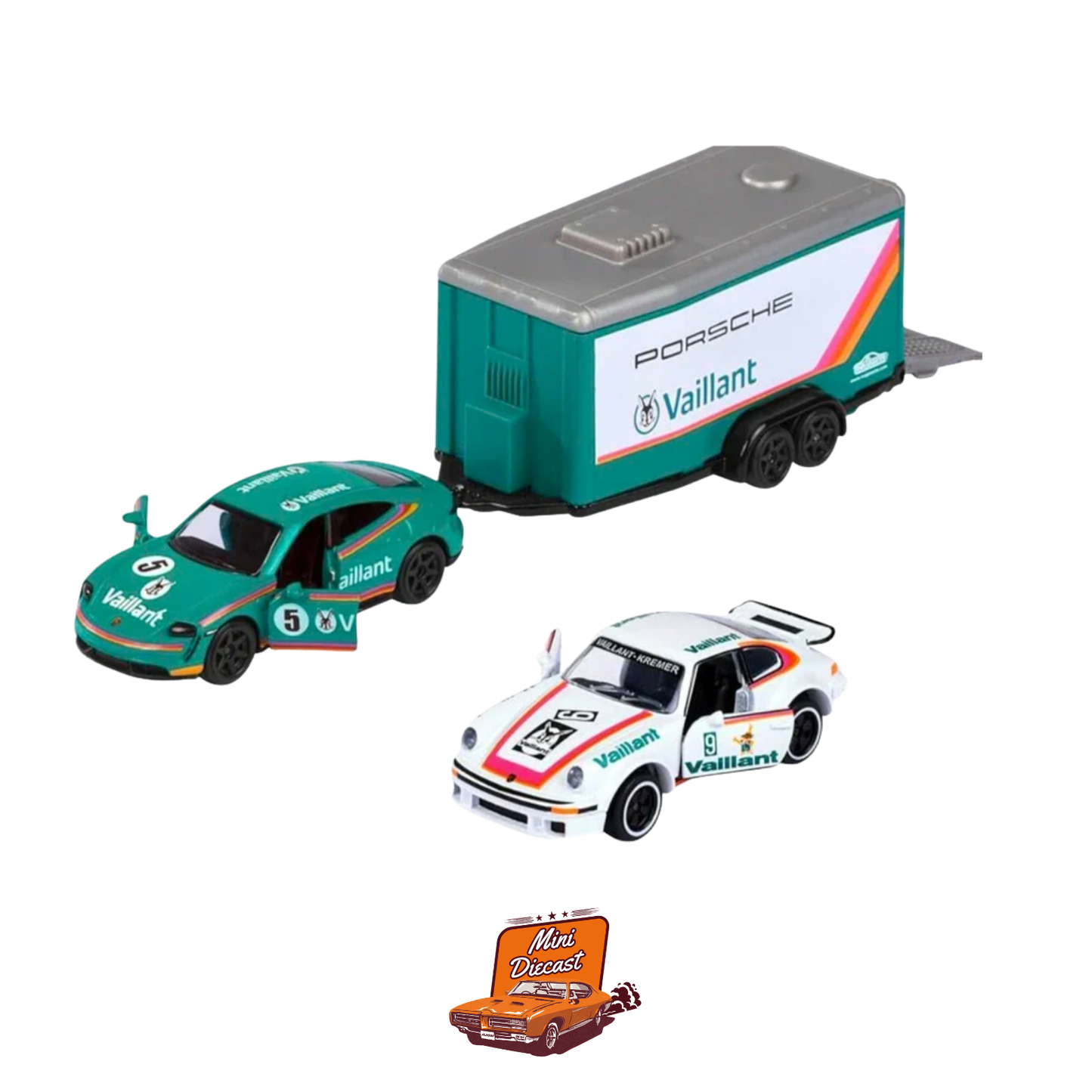 Majorette Race Trailer – Vaillant Porsche Taycan Turbo S + Porsche 934 & Trailer (White / Green)