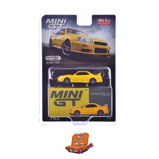Mini GT #762 Nissan Skyline GT-R (R34) V-Spec Lightning Yellow - MiJo Exclusives (Blister Pack) (Imported)