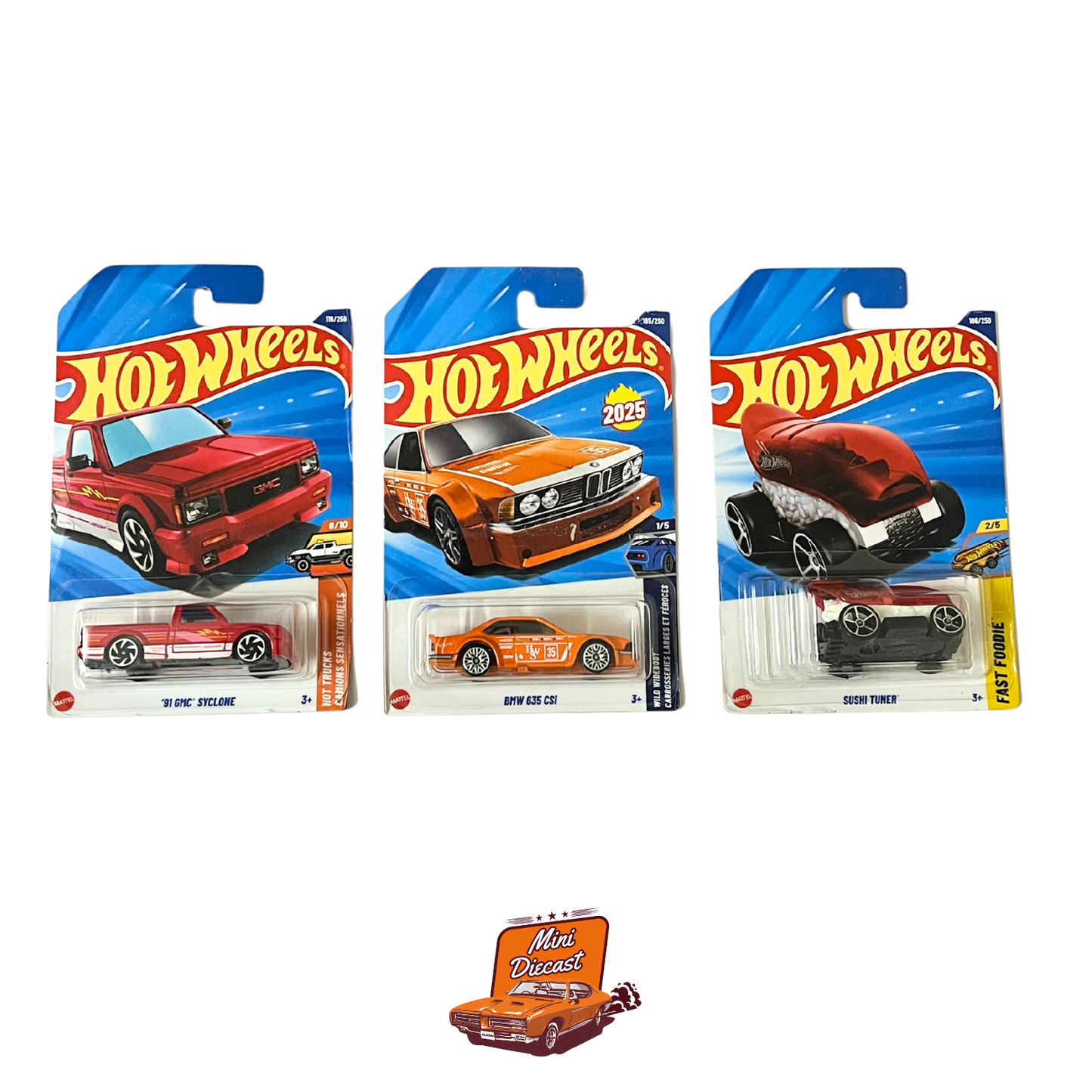 Hot Wheels Mainline (Set of 3) – ’91 GMC Syclone / BMW 635 CSi / Sushi Tuner