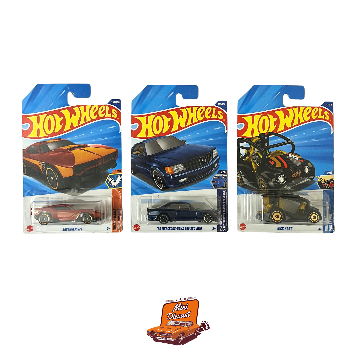 Hot Wheels Mainline (Set of 3) – Ravenger S/T / ’89 Mercedes-Benz 560 SEC AMG / Kick Kart