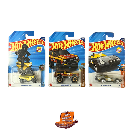 Hot Wheels Mainline (Set of 3) – Honda Motocompo / Chevy Blazer 4x4 / El Segundo Rallye