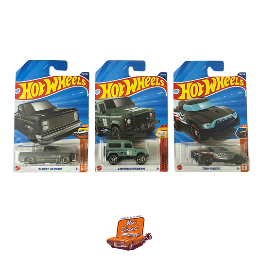 Hot Wheels Mainline (Set of 3) – ’83 Chevy Silverado / Land Rover Defender 90 / Terra-Tracktyl