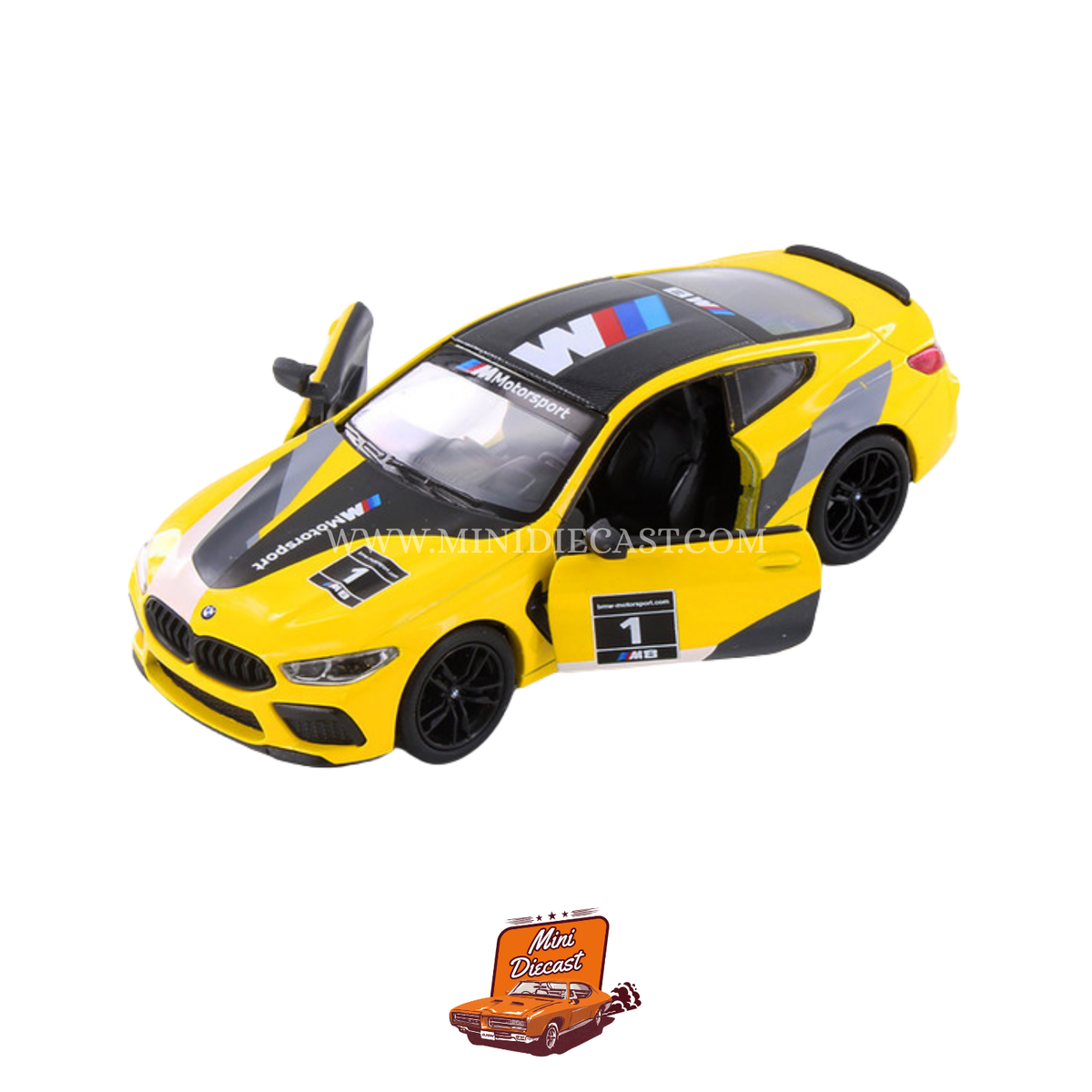 Kinsmart BMW M8 Competition Coupe (Livery Edition) – 1:38 Scale Yellow