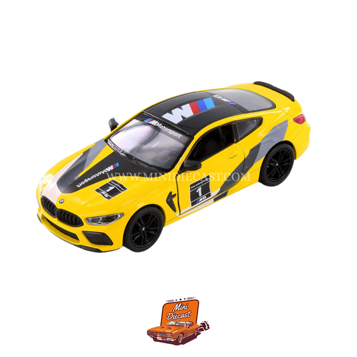 Kinsmart BMW M8 Competition Coupe (Livery Edition) – 1:38 Scale Yellow