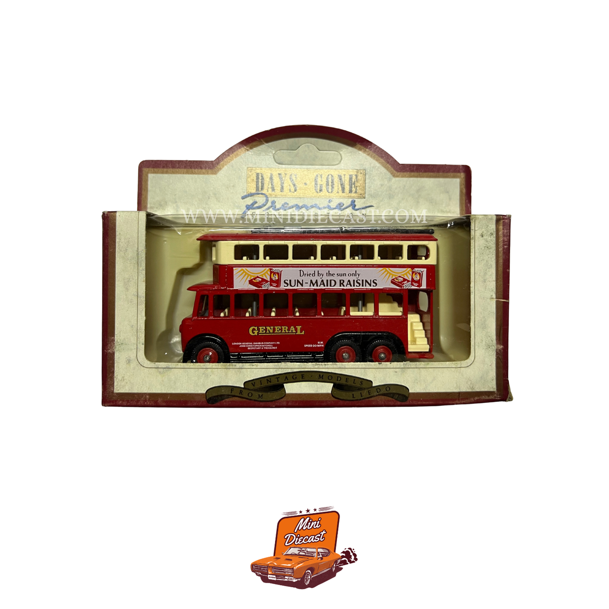 Lledo Days Gone Vintage Models Premier Collection 1928 Karrier E6 Trolley Bus Sun-Maid Raisins Livery (41009)