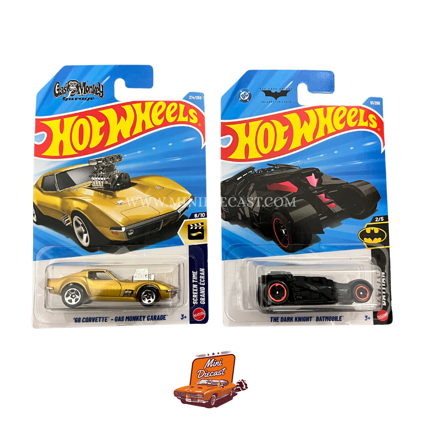 Hot Wheels Mainline (Set of 2) – '68 Corvette – Gas Monkey Garage / The Dark Knight Batmobile