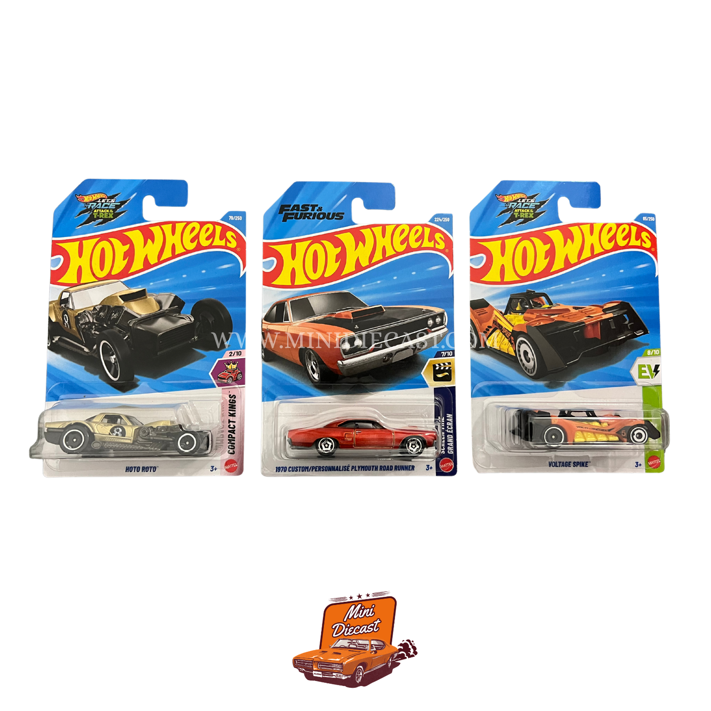 Hot Wheels Mainline (Set of 3) – Hoto Roto / 1970 Custom Plymouth Road Runner / Voltage Spike