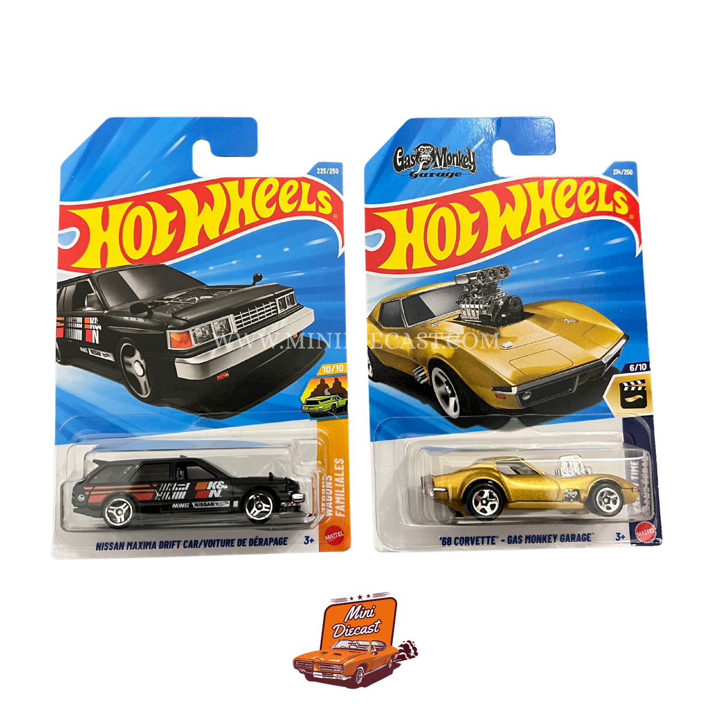 Hot Wheels Mainline (Set of 2) – Nissan Maxima Drift Car / '68 Corvette – Gas Monkey Garage