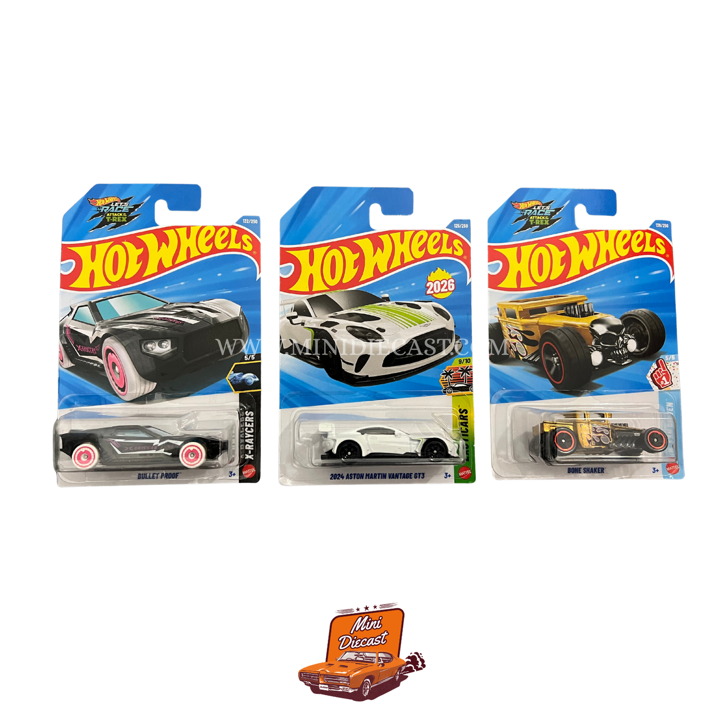 Hot Wheels Mainline (Set of 3) – Bullet Proof / 2024 Aston Martin Vantage GT3 / Bone Shaker