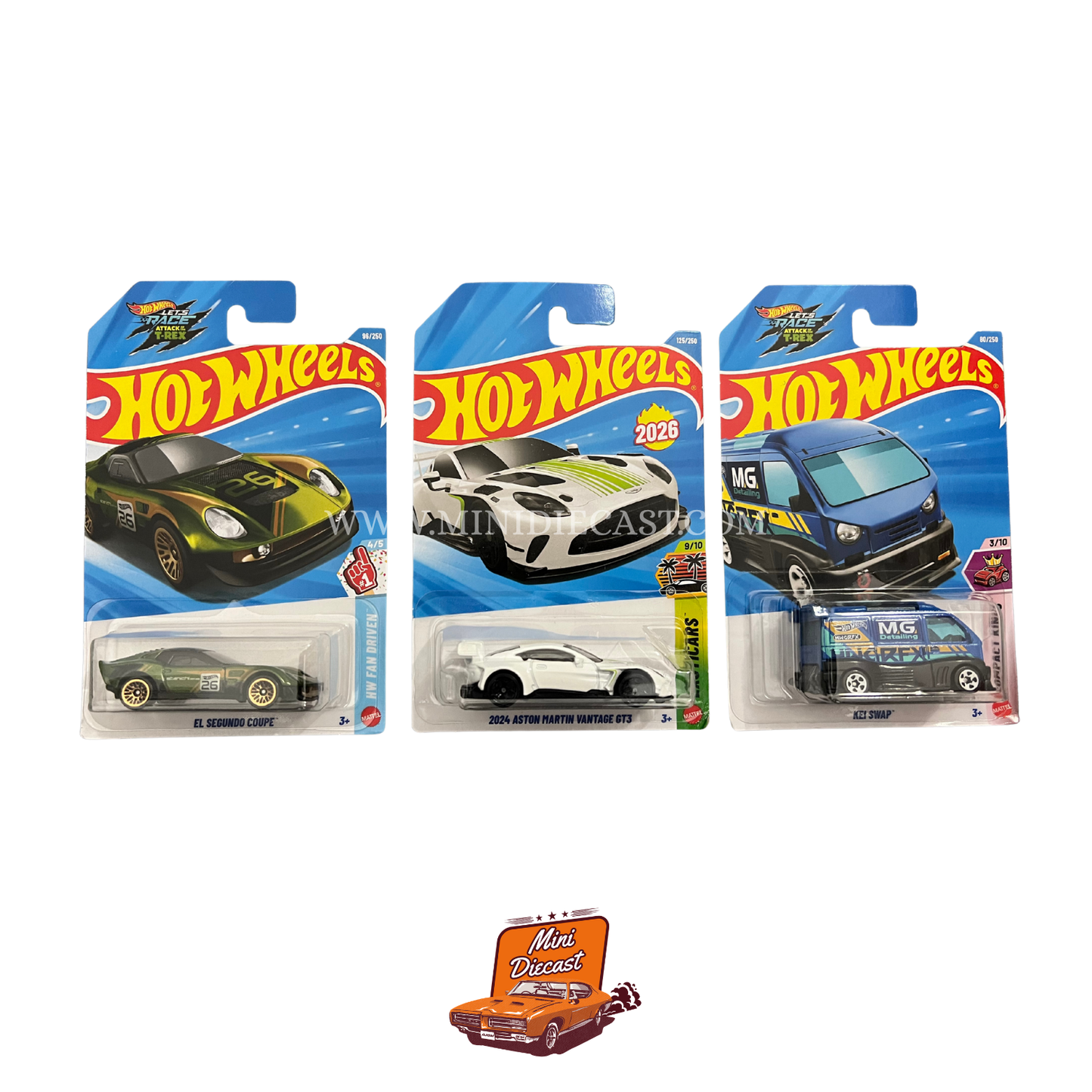 Hot Wheels Mainline (Set of 3) – El Segundo Coupé / 2024 Aston Martin Vantage GT3 / Kei Swap