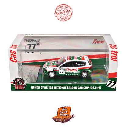 BM Creations Honda Civic EG6 RHD #77 Team Castrol “National Saloon Car Cup” (1993) – 1:64 Die-Cast Model Car (Sealed / Imported)