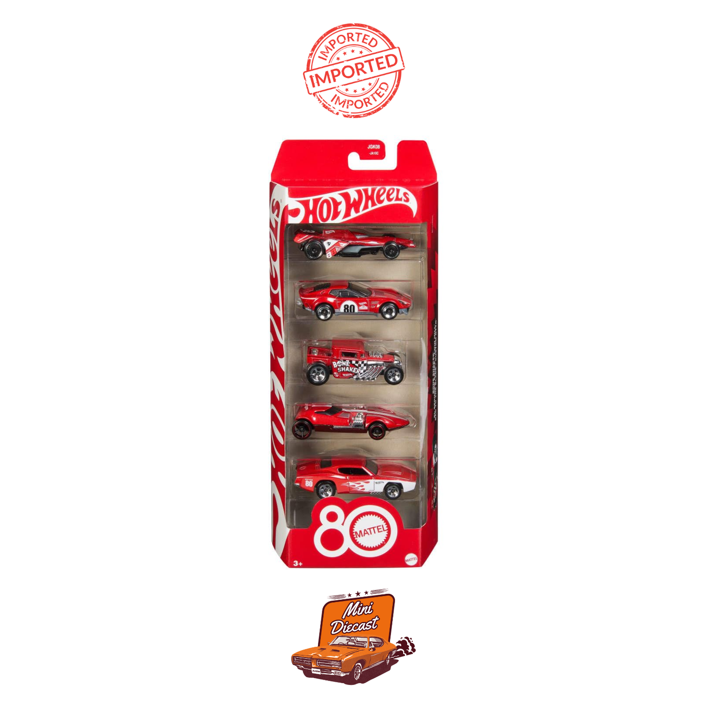 Hot Wheels 2025 “Mattel 80th Anniversary Ruby Red” 5-Pack (Sealed / Imported)