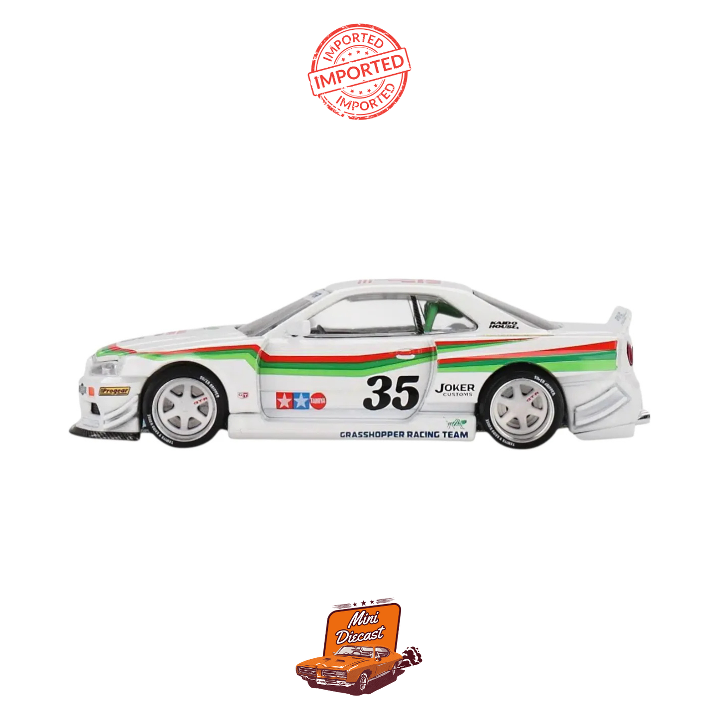 Mini GT Nissan Skyline GT-R (R34) TAMIYA x KAIDO HOUSE "The GRASSHOPPER" V1 (Sealed / Imported)