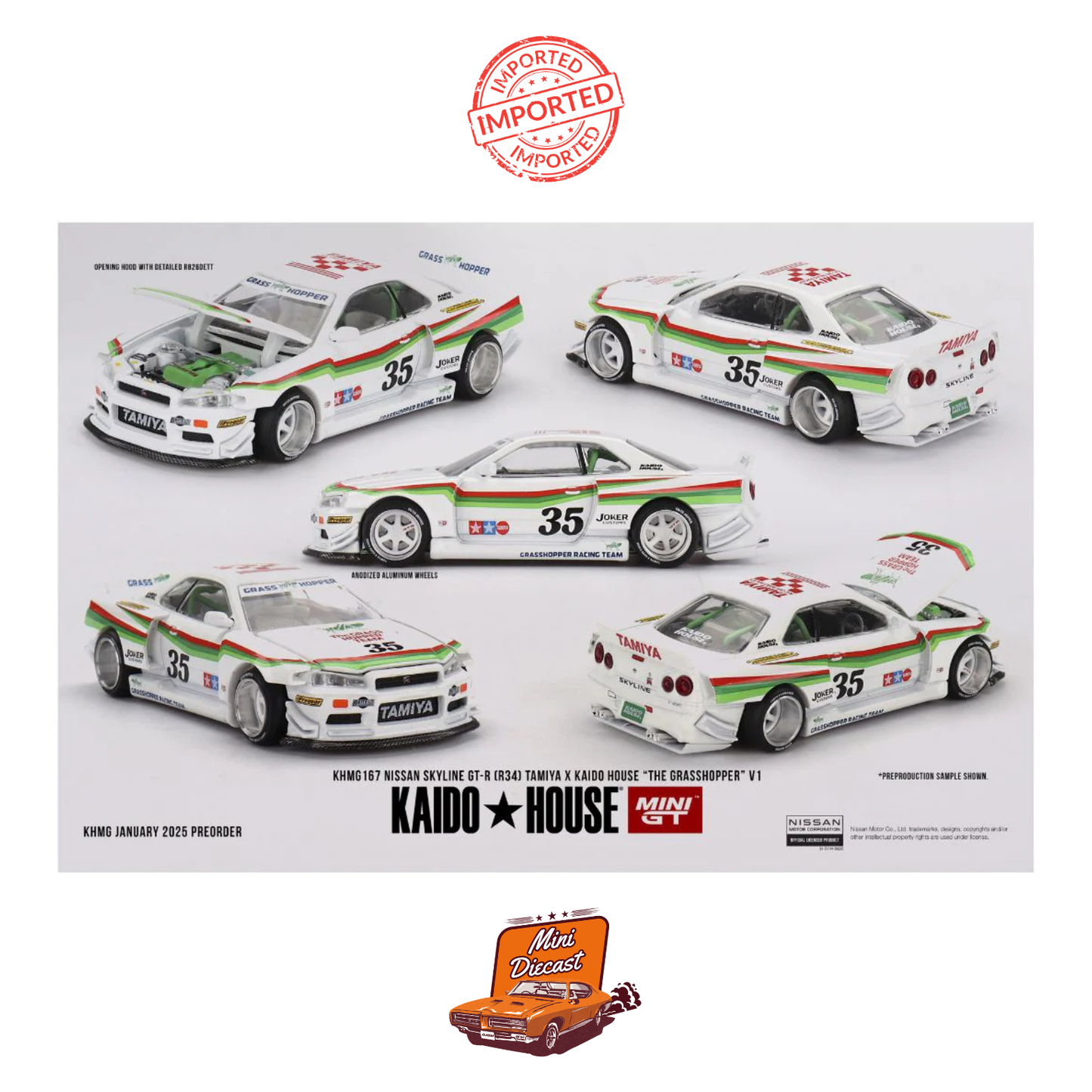Mini GT Nissan Skyline GT-R (R34) TAMIYA x KAIDO HOUSE "The GRASSHOPPER" V1 (Sealed / Imported)