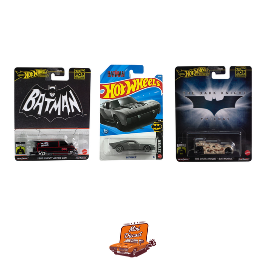 Hot Wheels Mixed Set – Premium Pop Culture 1985 Chevy Astro Van / The Dark Knight Batmobile + Mainline Batmobile