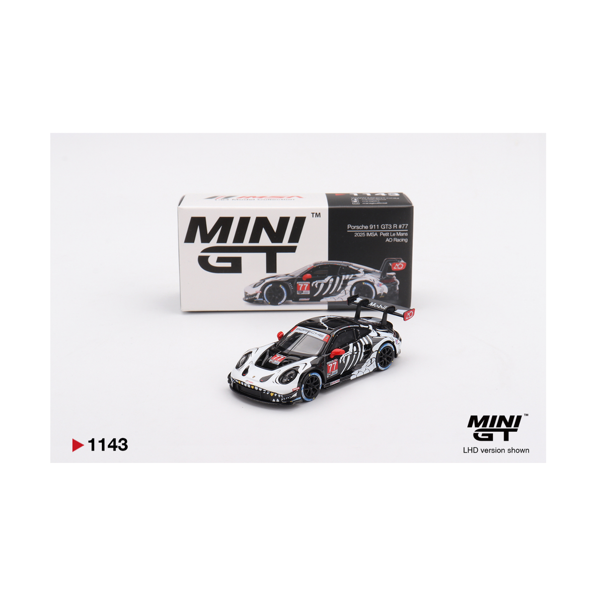 Mini GT #1143 Porsche 911 GT3 R #77 AO Racing 2025 IMSA Petit Le Mans